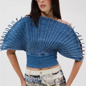 AKIRA Light Blue Denim on Denim Structured Fan Blouse